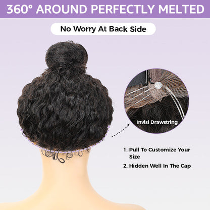 Water Wave Invisi-Drawstring Flexible Fit 360 Lace Frontal Glueless Wig With Bleached Knots