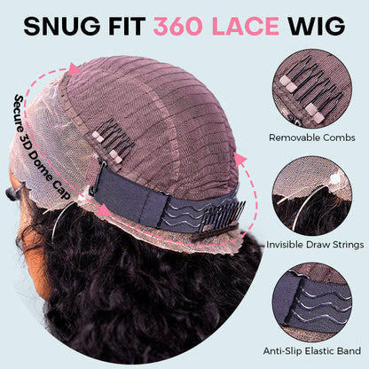 360 Water Wave Lace Human Hair Wig – Glueless, Pre-Bleached, Pre-Cut, Invisi Drawstrings