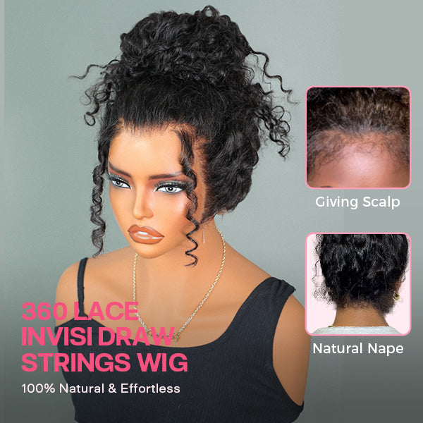 360 Water Wave Lace Human Hair Wig – Glueless, Pre-Bleached, Pre-Cut, Invisi Drawstrings