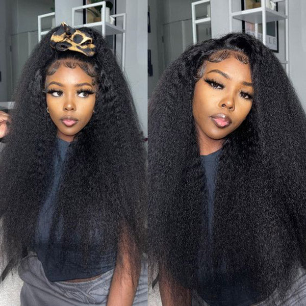 Kinky Straight Invisi-Drawstring Flexible Fit 360 Lace Front Glueless Wig With Bleached Knots